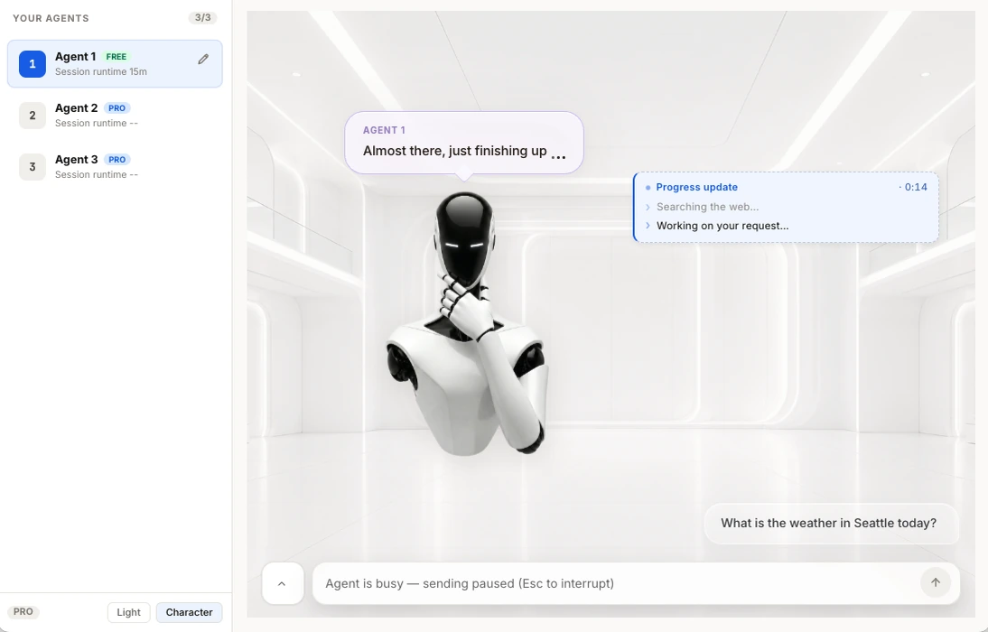 ClevAgent app workspace view with character mode
